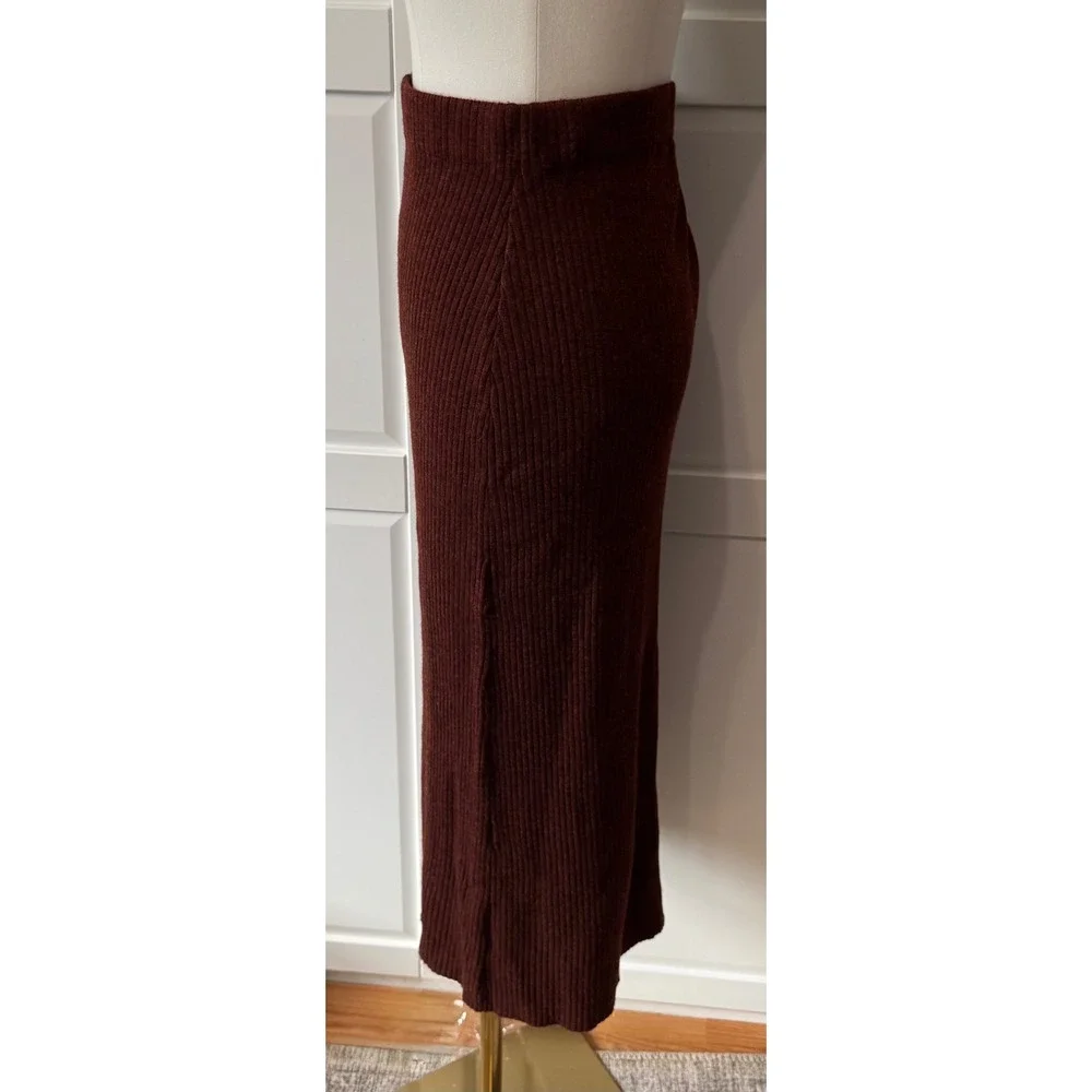 Modern Citizen Brown Ribbed Knit Midi Skirt Front Slit Wool Blend Medium
